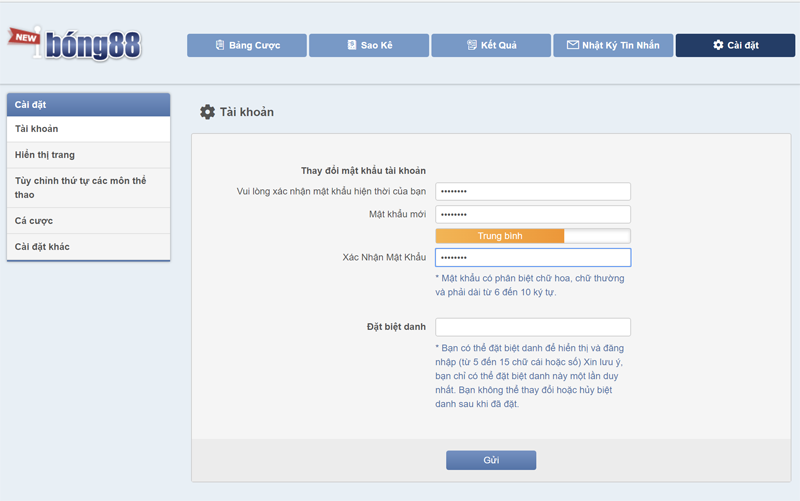 đổi mật khẩu trang bong88